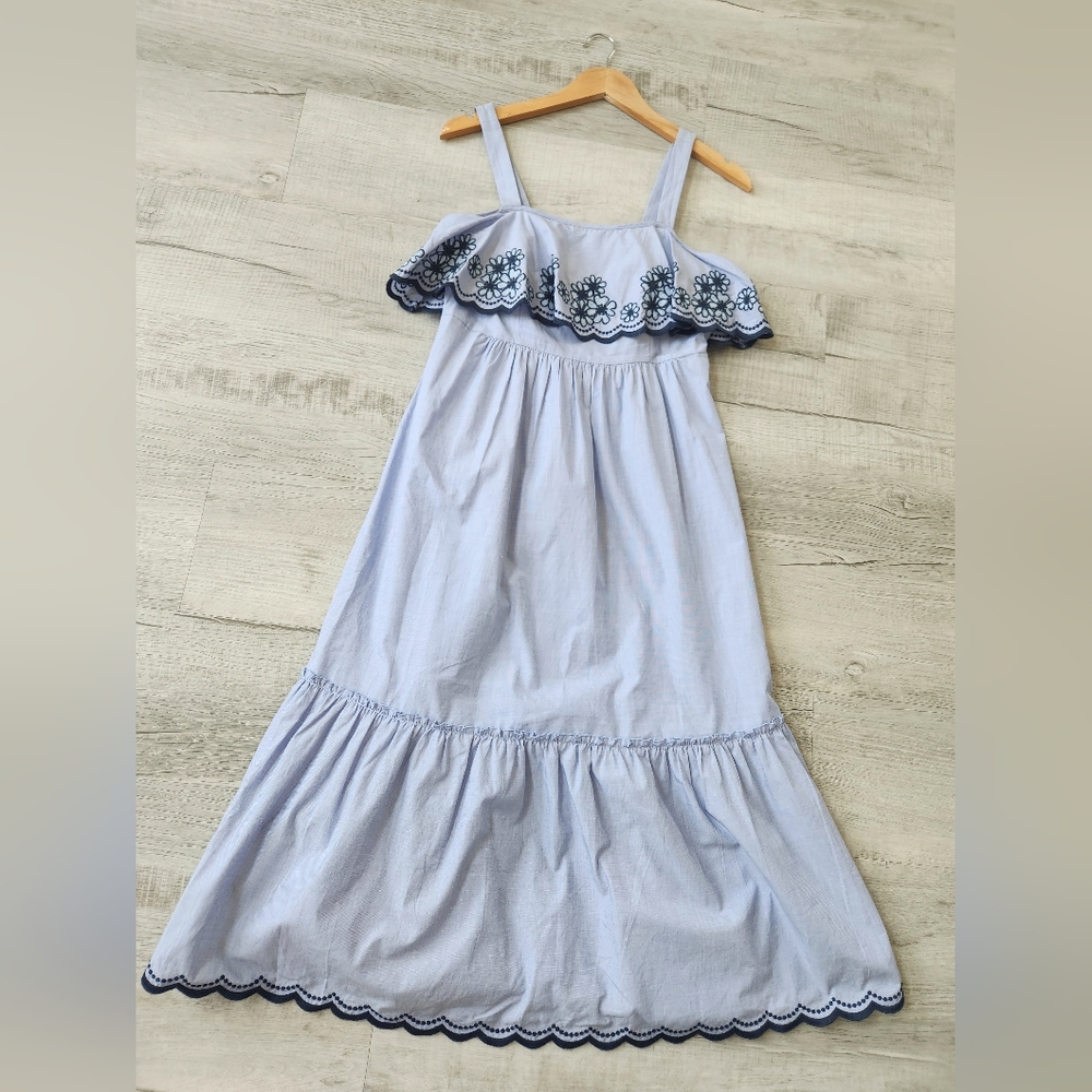 KATE SPADE DAISY EMBROIDERED PATIO BLUE BLACK RUFFLE SLEEVELESS DRESS   S Nwot - Picture 2 of 12